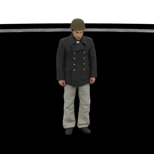 3D model of a WWII soldier standing, wearing a dark greatcoat and a green helmet, looking down.