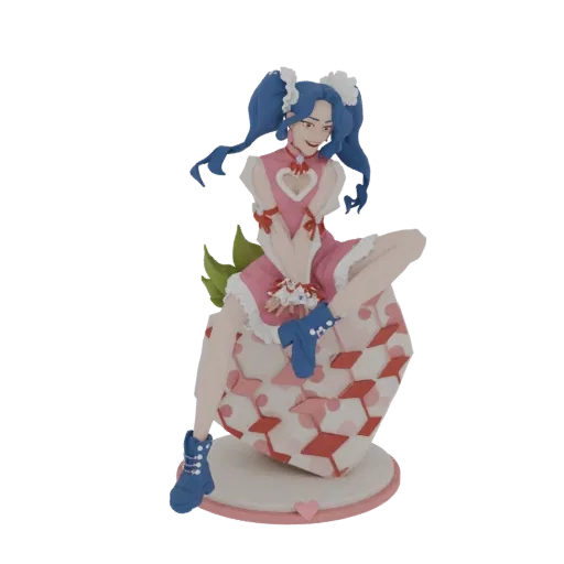3D model render of a cute anime girl with blue pigtails sitting on a pink and red faceted strawberry base.