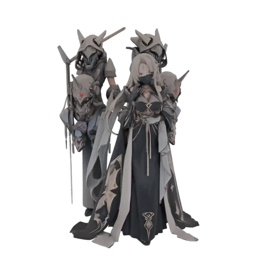 3D model of a dark sorceress in a black gown with gold trim, flanked by two armored shadow guardians with skull-like helmets,