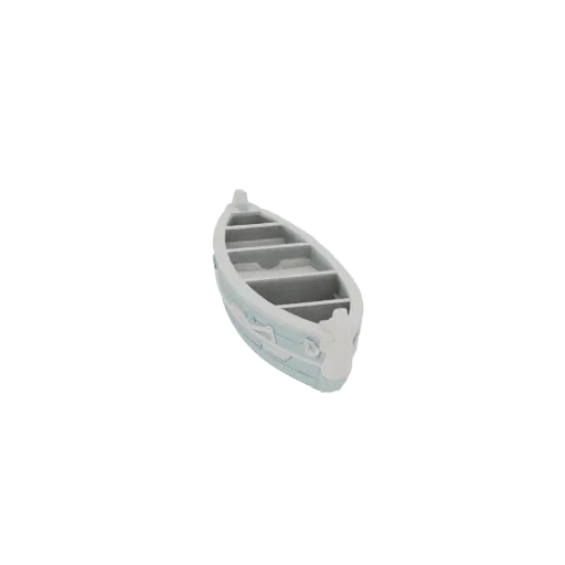 A 3D model of a lightweight, light gray canoe, viewed from a slightly elevated angle, against a black background.