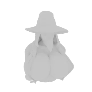 3D model render of a Plague Doctor bust with a beak mask, wide hat, and a large, exaggerated chest, presented in a neutral gr