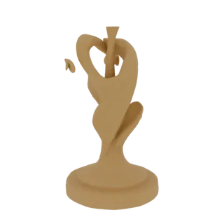 3D render of a tan abstract sculpture with swirling forms and a detached element, set against a white background.