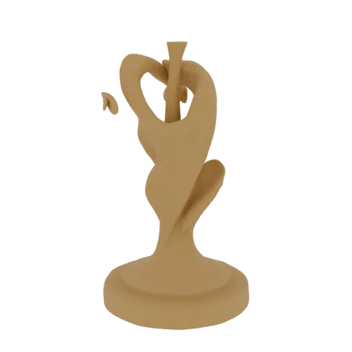 3D-Render einer tanfarbenen abstrakten Skulptur mit wirbelnden Formen und einem abgetrennten Element vor weißem Hintergrund.
