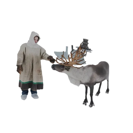 3D model of a reindeer with large antlers standing next to an indigenous person in traditional winter clothing, with the pers