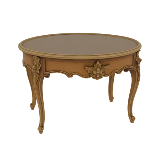 A 3D render of an ornate Louis XV style coffee table with a brown oval top and gold-detailed base and legs.