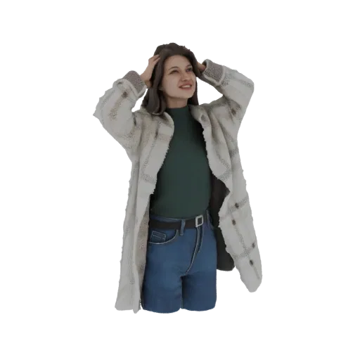 Modelo 3D de una mujer con abrigo de cuadros, cuello alto verde y shorts de mezclilla, con las manos en la cabeza.