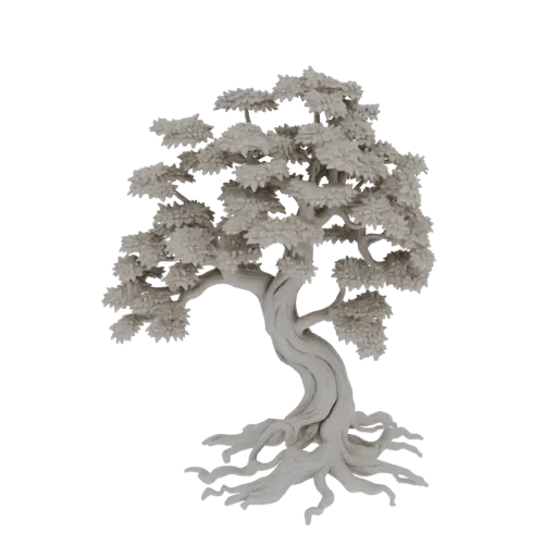 A detailed 3D model of a twisted bonsai tree with a gnarled trunk and dense foliage, set against a white background.