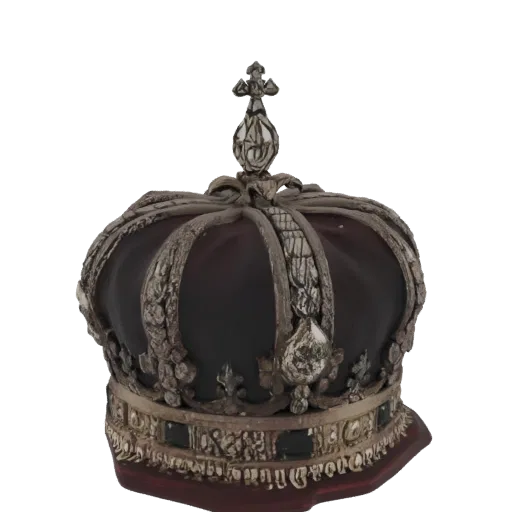 Un modelo 3D detallado de una corona real ornamentada con base carmesí profunda y filigrana intrincada similar a plata, coron