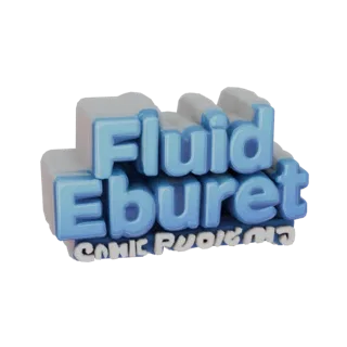 نموذج ثلاثي الأبعاد لشعار Fluid Eburet Comic Productions بألوان زرقاء وبيضاء، مع سطح لامع.