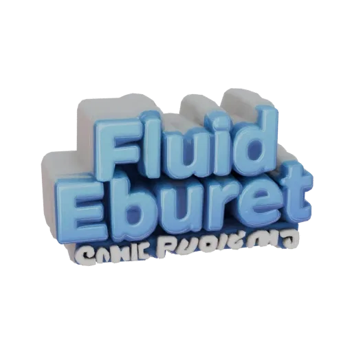 نموذج ثلاثي الأبعاد لشعار Fluid Eburet Comic Productions بألوان زرقاء وبيضاء، مع سطح لامع.