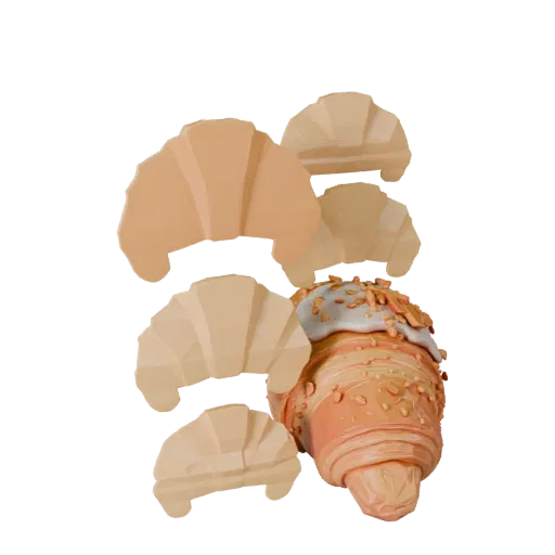 Croissant Low Poly 3D model, game viewport three-quarter view, showing cream, sweet food silhouette.