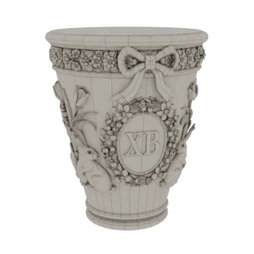 Modelo 3D de uma ornamentada cesta de Páscoa com coelhos, tulipas e guirlandas florais, com inscrição 'XB'.