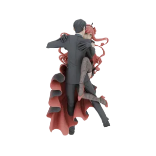 Modèle 3D d'un couple d'anime dansant le tango, l'homme en costume et la femme en robe rouge et noire, capturés en plein mouv
