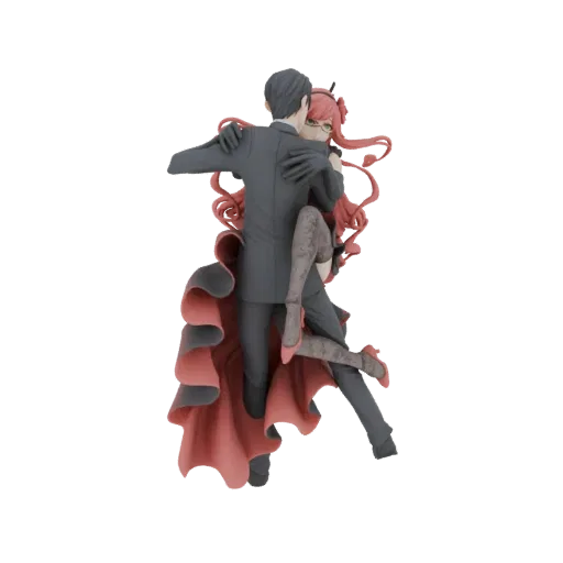 Modello 3D di una coppia anime che balla il tango, l'uomo in abito e la donna in vestito rosso e nero, catturati in movimento