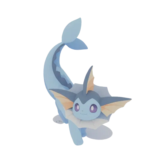 A stylized 3D model of the Pokémon Vaporeon in a playful, dynamic pose against a black background.