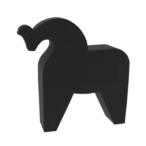 A black, solid silhouette 3D model of a traditional Dala horse figurine, viewed from a slight angle.