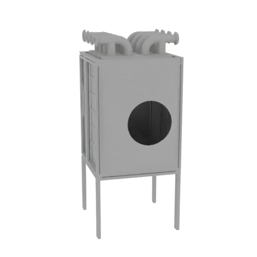 3D model of a gray industrial air handling unit with a circular vent and top piping, shown on a black background.