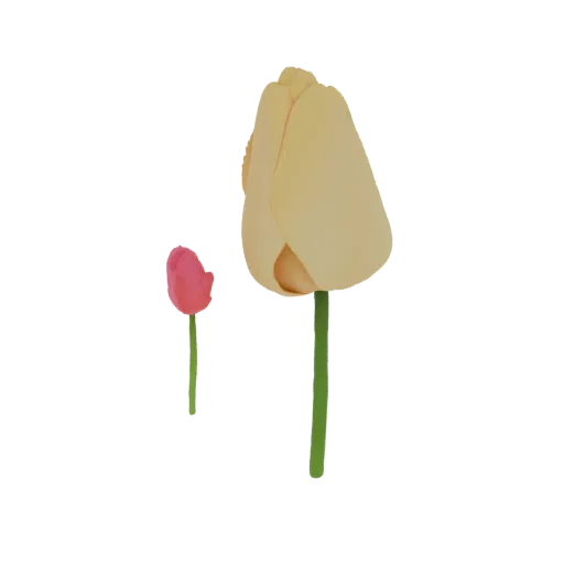A 3D render of two tulips, one small pink bud and one larger yellow bloom, with green stems, against a white background.