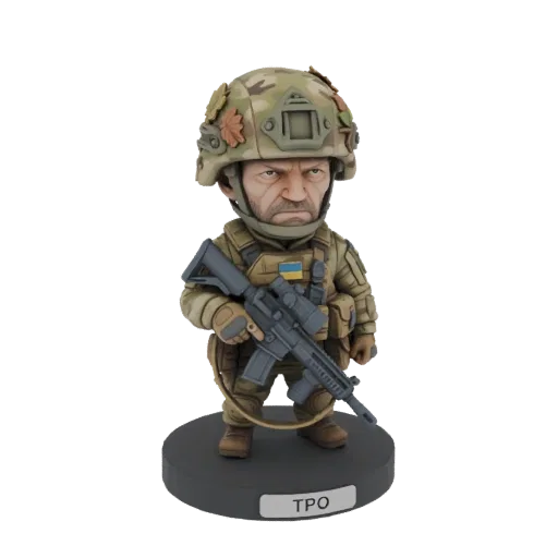3D model of a Ukrainian soldier bobblehead wearing camouflage uniform and holding a rifle, with 'TPO' on the base.