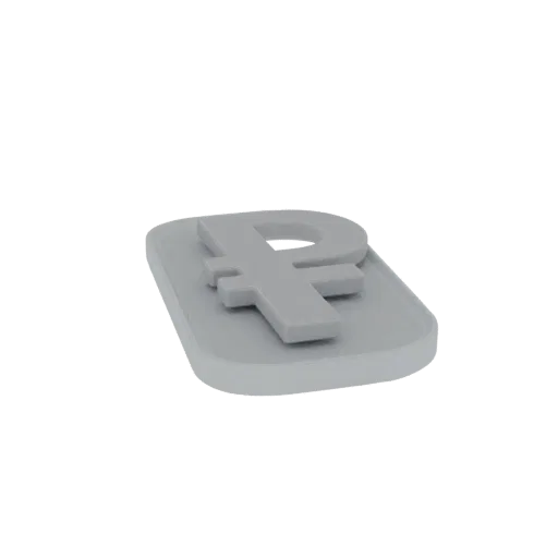 A 3D model of the Russian Ruble symbol, rendered in light gray on a matching rectangular base, isolated on a white background
