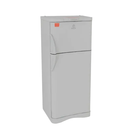 Modello 3D di un frigorifero retrò bianco a due porte con congelatore superiore e base curva, isolato su sfondo bianco.