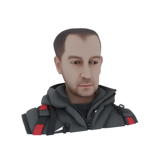 3D model render of a man with short brown hair wearing a gray hoodie with red strap details, looking slightly down.