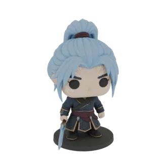 Modelo 3D de un guerrero anime estilizado al estilo Funko Pop, con cabello azul claro, atuendo oscuro y espada, sobre una bas