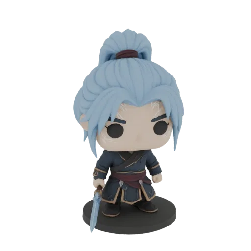 3D model of a stylized anime warrior in Funko Pop style, with light blue hair, dark outfit, and a sword, standing on a black