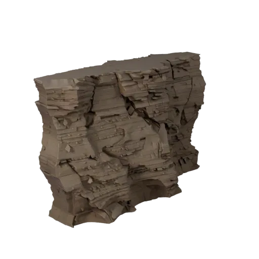 Eroded Ravine Wall Unity 3D model, isometric viewport view, showing stratified stone, layered vegetation clusters.