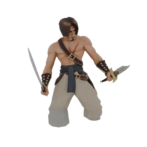 3D model of the Prince of Persia in a combat stance, holding two curved swords, with a muscular build and classic attire.