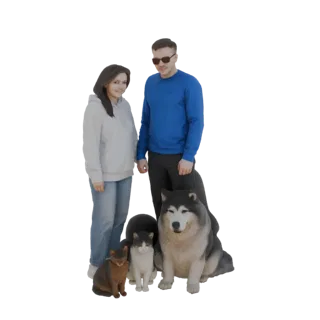 3D-Modell eines lächelnden Paares mit zwei Katzen und einem Husky-Hund, präsentiert als Familienporträt.
