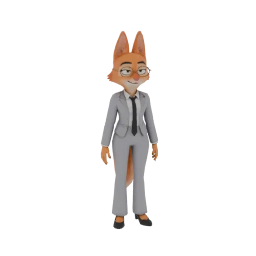 3D model of a fox character wearing glasses and a grey suit, standing confidently.