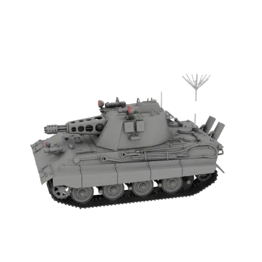 3D render of a futuristic gray tank with a large quad barrel cannon on its turret, set against a black background.