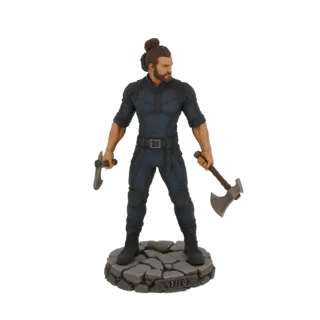 3D-Modell eines Wikingerkriegers mit Dutt, Bart, dunkler taktischer Kleidung, der zwei Äxte hält und auf einem Steinsockel st