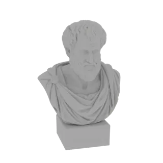 Renderizado de modelo 3D de un busto de Aristóteles, el antiguo filósofo griego, representado con barba y vestimenta drapeada