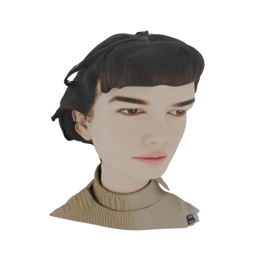 3D render of a stylized female bust with a bob haircut, wearing a turtleneck, against a white background.