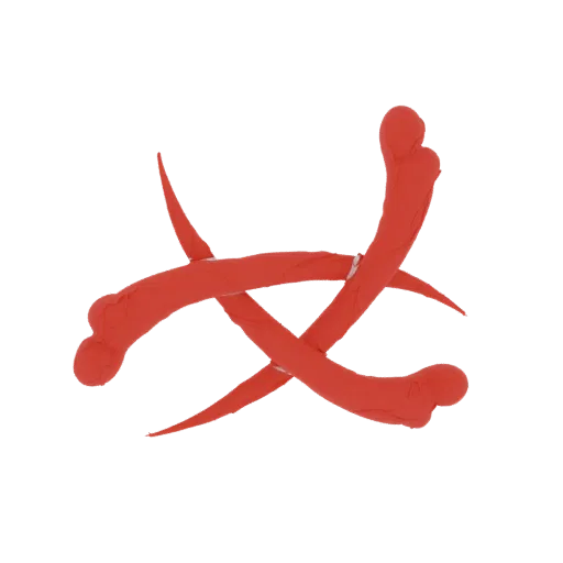 3D render of an abstract sculpture made of intertwined red bone-like shapes against a black background.