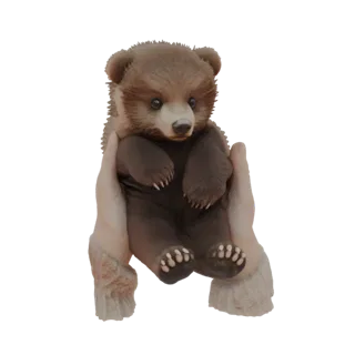 Modèle 3D d'un adorable bébé ours tenu délicatement dans des mains humaines, avec une fourrure douce et des yeux expressifs.