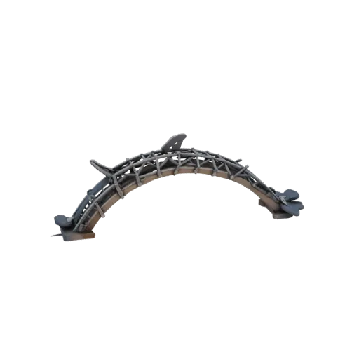 Modelo 3D de ponte em forma de esqueleto de golfinho, feita de madeira e metal, sobre fundo branco