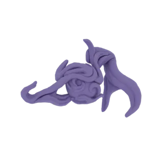 3D-Render einer abstrakten Skulptur mit wirbelnden, organischen Formen in leuchtendem Lila, die einer Wolke ähnelt.