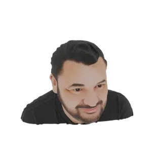 Rendering modello 3D uomo capelli scuri acconciati, barba, maglietta nera, guarda di lato sorridendo.