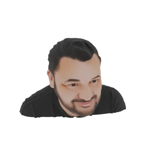 3D model render of a man with styled dark hair, a beard, and a black t-shirt, looking to the side with a slight smile.