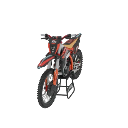 A 3D model of a red and black dirt bike displayed on a black background, showcasing its sporty design and detailed features.