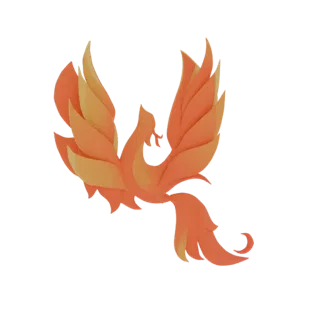 A 3D render of a stylized phoenix with layered orange and yellow wings, appearing to fly against a white background.