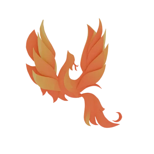 A 3D render of a stylized phoenix with layered orange and yellow wings, appearing to fly against a white background.