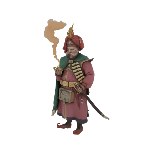 3D model of an Ottoman Pasha figure wearing a red turban and pink robe, holding a pipe with smoke emanating.