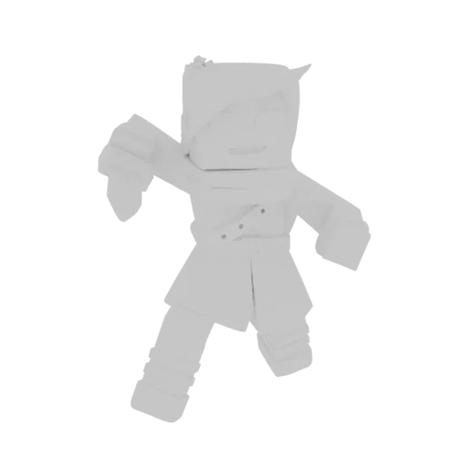 3D model of a blocky warrior character with a scarf in a dynamic pose, rendered in a neutral gray material.