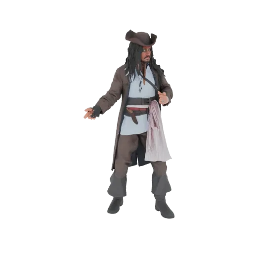 Modello 3D di Capitano Jack Sparrow in costume da pirata, in piedi con una mano tesa.