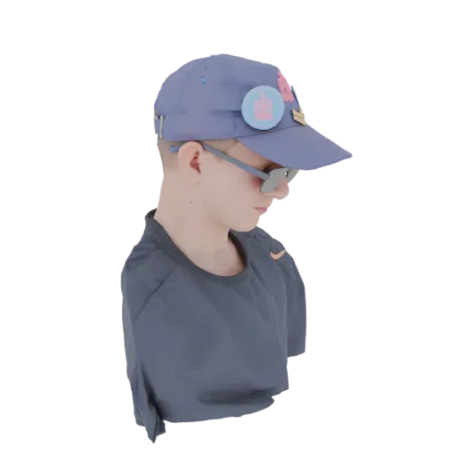 3D model of a young boy wearing a blue cap with pins and grey sunglasses, looking down, dressed in a grey t-shirt.