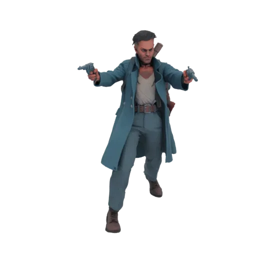 3D model of a Western gunslinger character in a dynamic pose, holding two revolvers.
